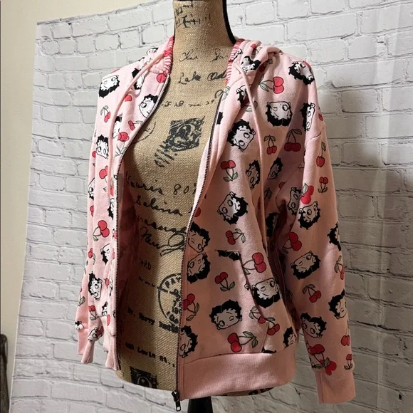 Betty Boop Fleischer Pink Zip Hoodie with Cartoon and Cherry Print front pockets - Picture 7 of 8